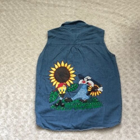 Vintage Tweety Bird Looney Tunes Sleeveless Jean Denim Shirt Medium Vision 1 - Picture 5 of 7